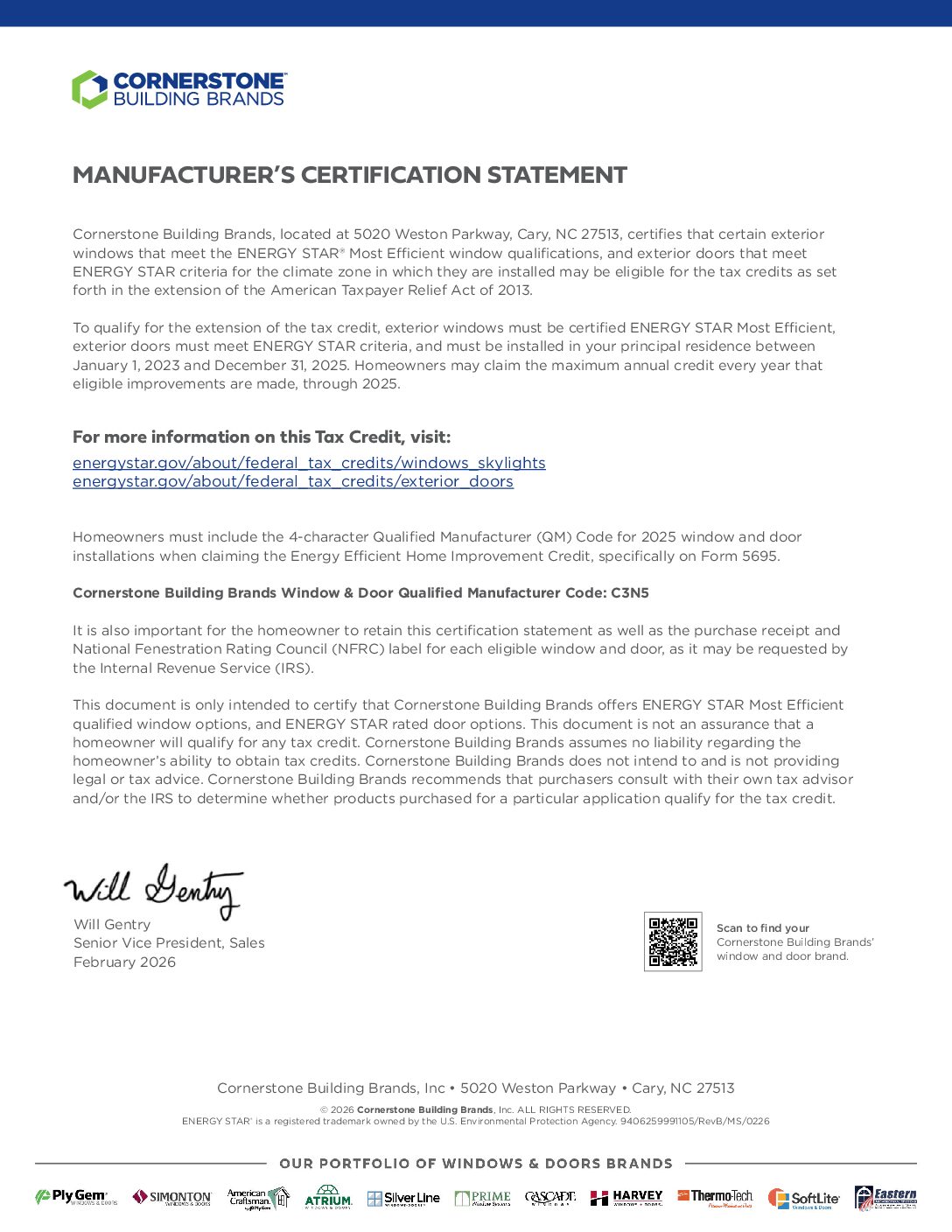 Prime Energy Tax Credit Manufacturer’s Certification Statement with Qualified Manufacturer (QM) Code